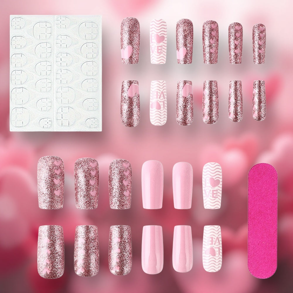 2025 Valentine’s LOVE Pink and Glitter Glue-On Fake Nail Set ($100 for 5 Sets)