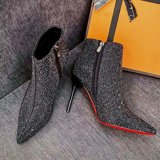 2024 AW Sparkling Fabric Pointed Toe Medium High Heel Boots (8cm) with Lining in 2 Colours