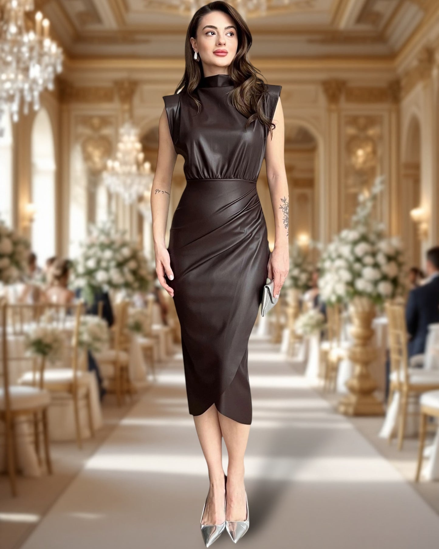 2024AW Faux Leather Ruched Mock Neck Cap Sleeves Midi Dress in Coffee / Black