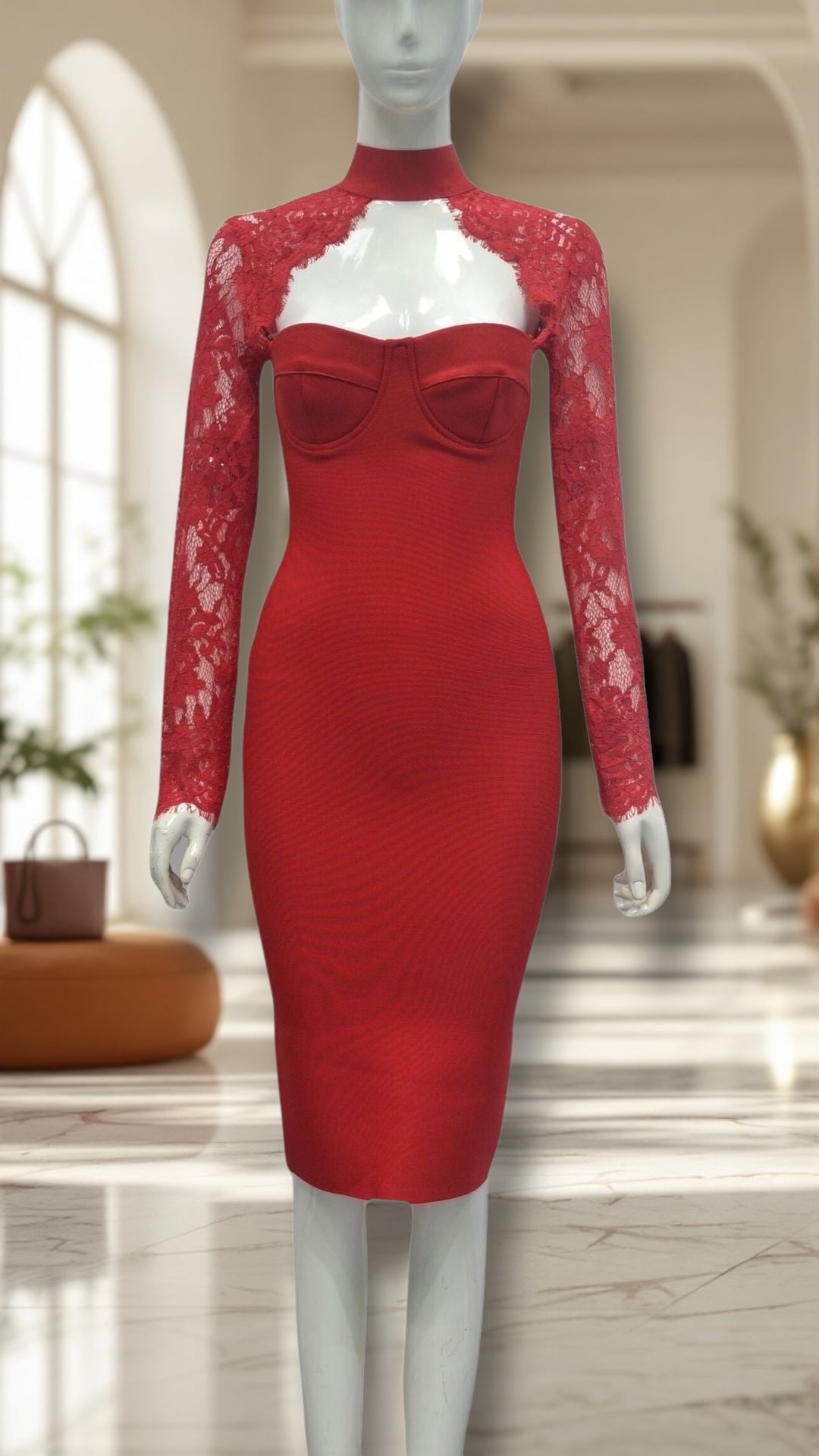 Temperament Lace Long Sleeve Halter Neckline Stretchy Bodycon Knee Length Dress in 3 Colours