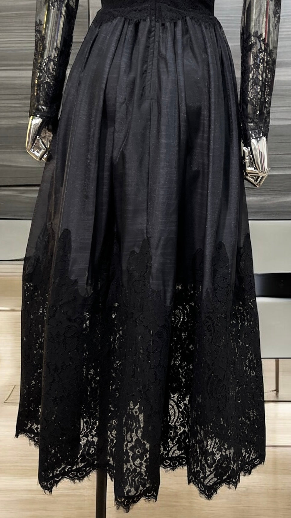 Elegant French Lace Plunge Semi-Sheer Long Sleeve Flared Midi Dress