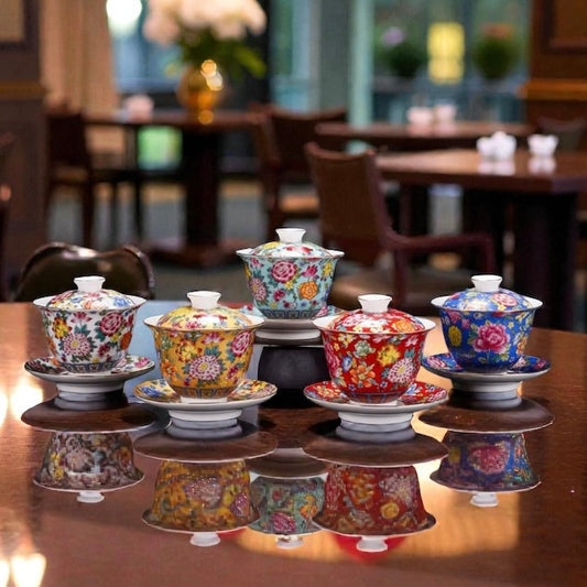 BRIDAL GIFTS ｜200ml Chinese Traditional Hand Painted Enamel Colour Porcelain Tea Cup w/ Lid and Saucer Set in 6 Colours