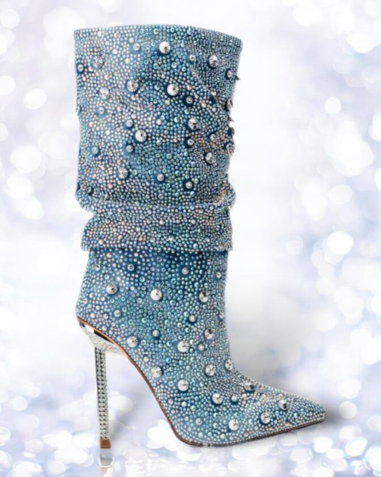 2024 AW Denim Pointed Toe Stiletto Women's Boots Rhinestone High Heels Boots