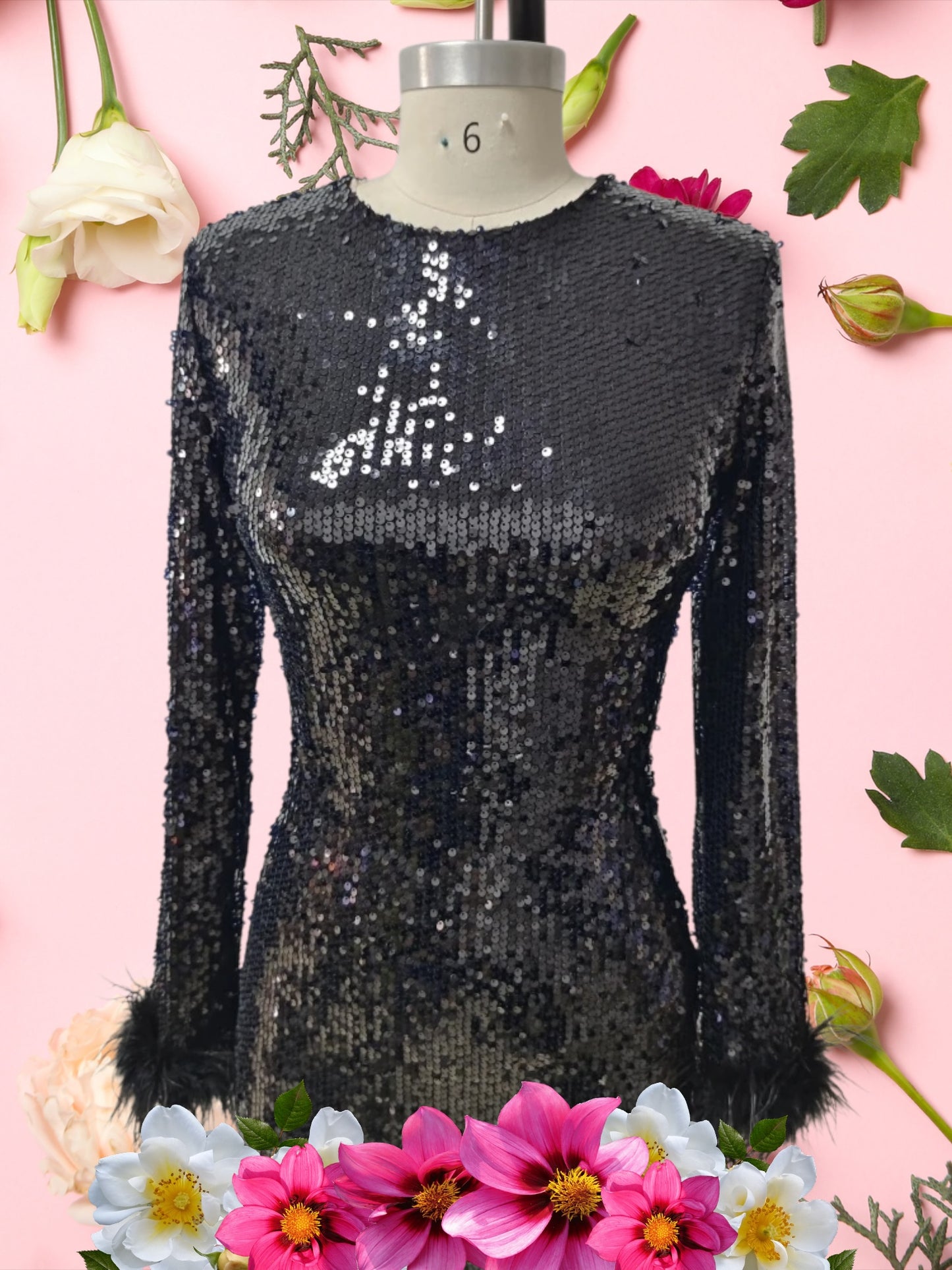 Luxury Sequin Feather Trim Long Sleeves Round Neckline Midi Dress in 2 Colours