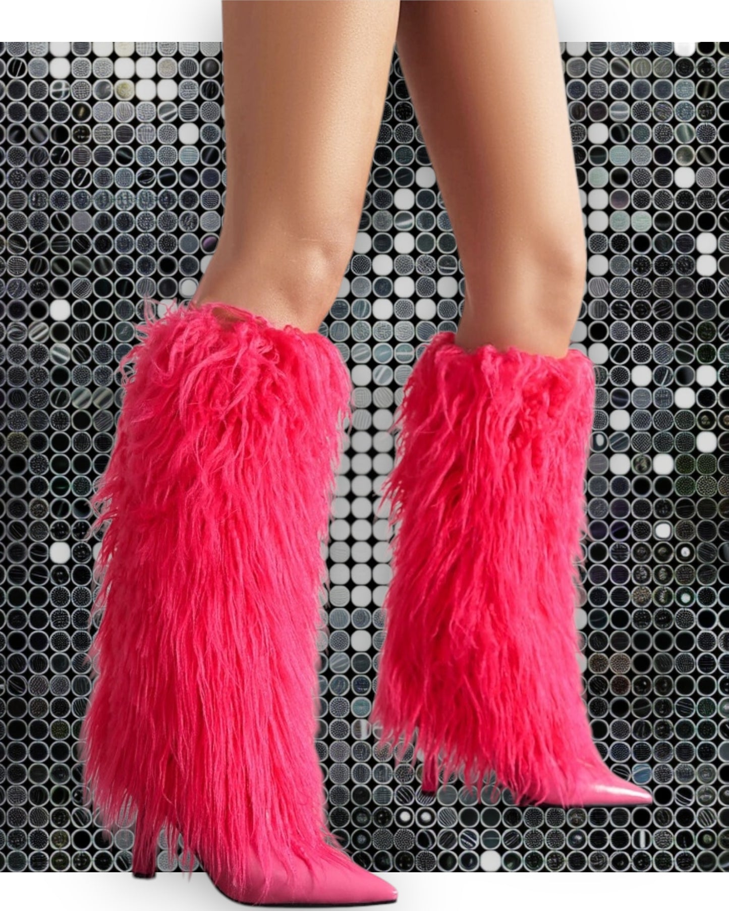 2024AW Pointed Knee-high High Heel Boots with Faux Fur Around in Hot Pink / Black (Customization)