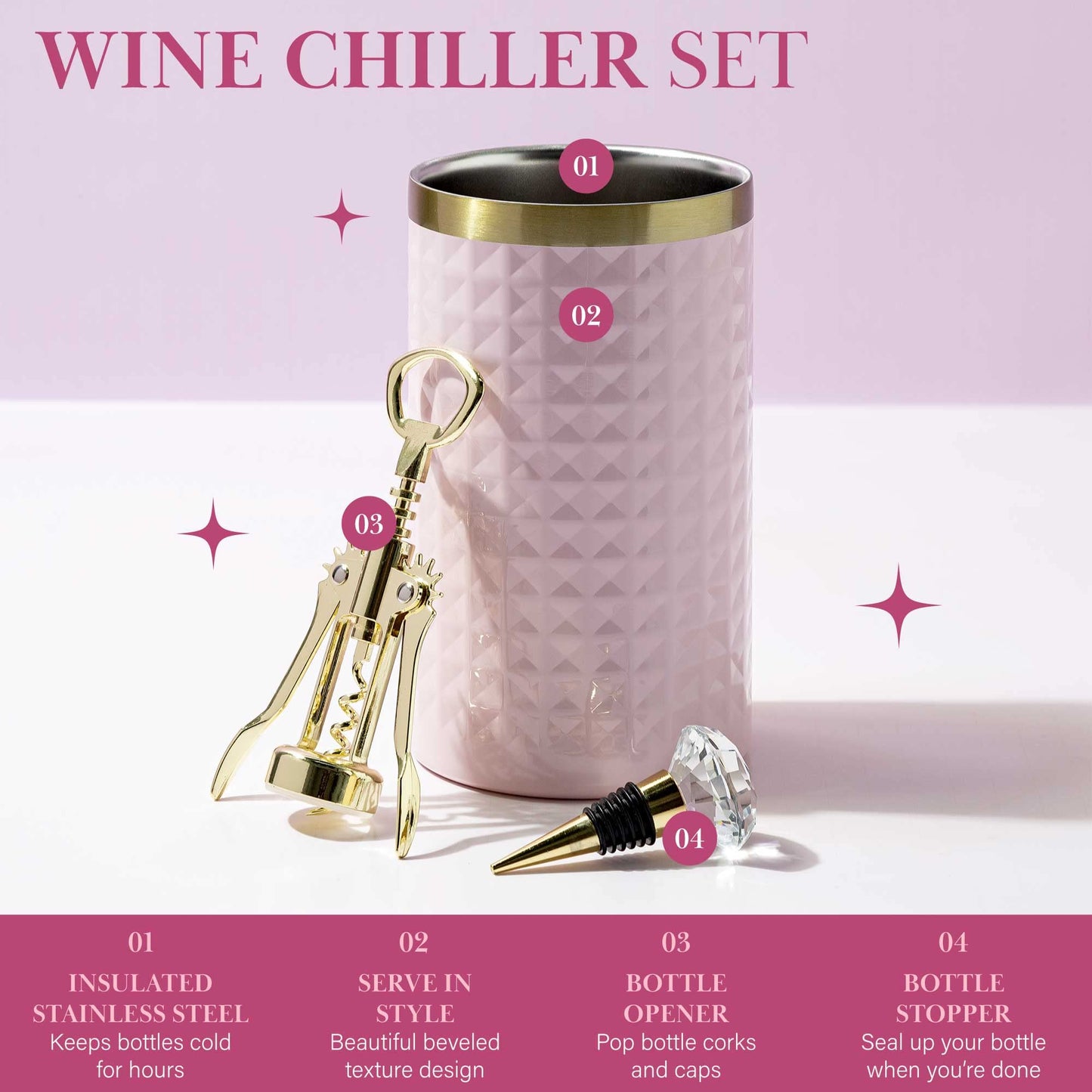 BEST AMAZON FINDS | Paris Hilton Wine Bottle Chiller Set, 3-Piece Set in Pink / Charcoal Gray / Gold | https://amzn.to/49Y0a3L