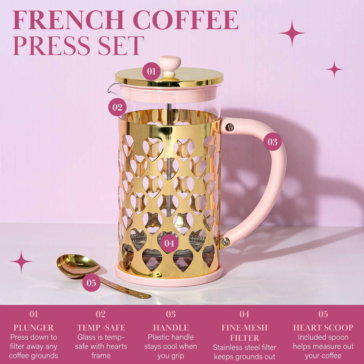 BEST AMAZON FINDS | Paris Hilton French Press Coffee Maker With Heart Shaped Measuring Scoop, 2-Piece Set in Pink | https://amzn.to/4foyF4r