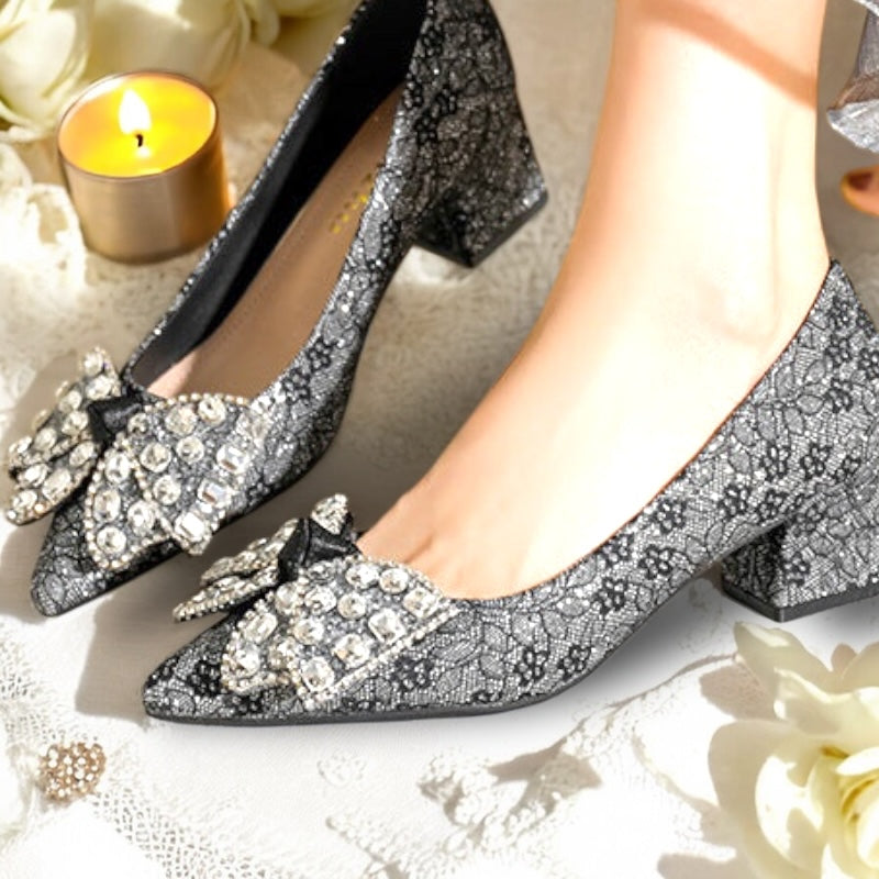 2025SS Metallic Brocade Pointed Toe Block Heels (5 cm) with Gems Decorative Bow in Black and Cream