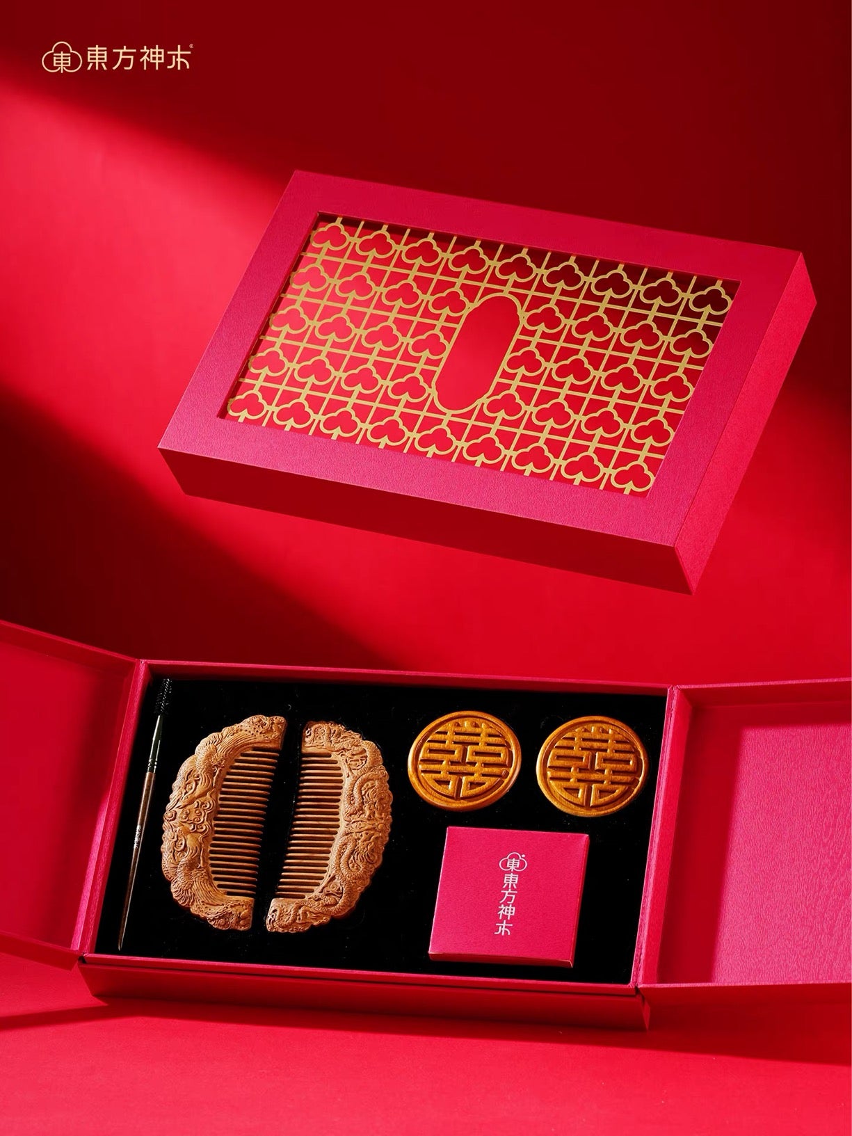 WEDDING GIFTS | 東方神木 Rare Beijing Palace Golden Phoebe Wood Paired Combs and Mirrors; DOUBLE HAPPINESS Dragon & Phoenix Set in a Gift Box