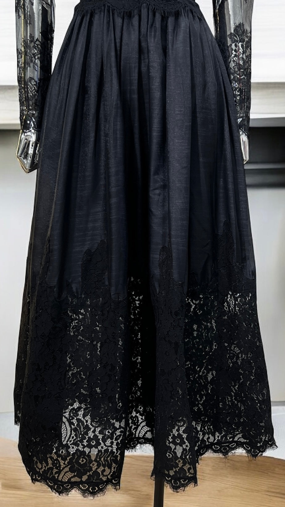 Elegant French Lace Plunge Semi-Sheer Long Sleeve Flared Midi Dress