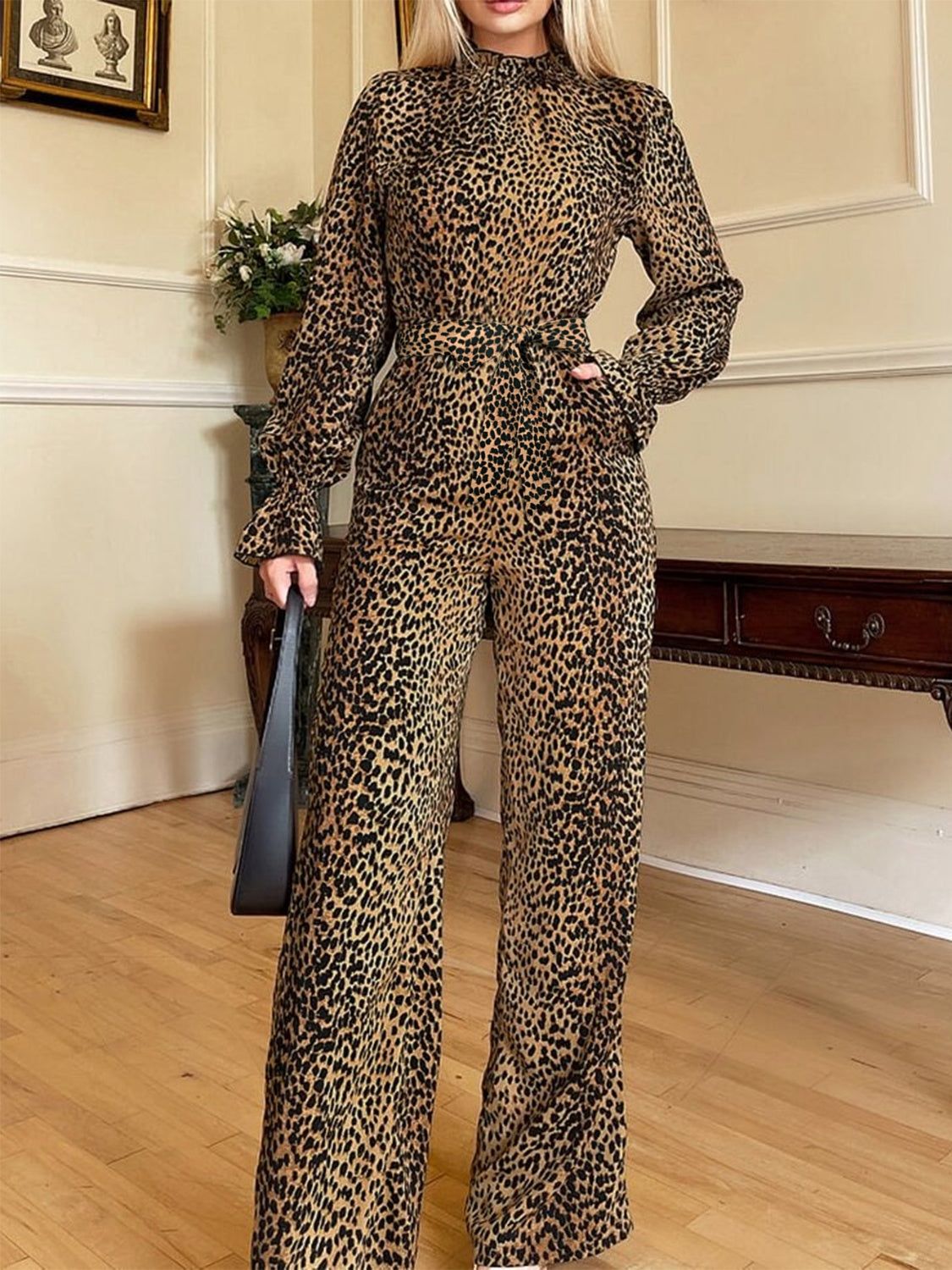 Elegant Leopard Flare Sleeve Jumpsuit