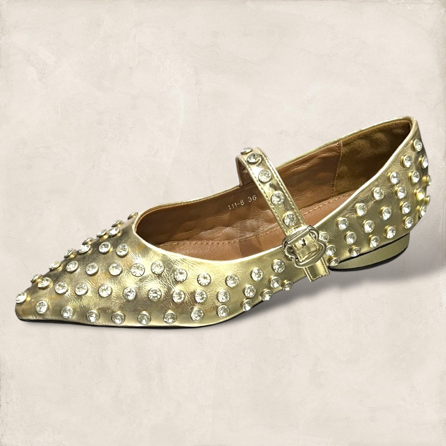 2025SS Rhinestone Studs Pointed Toe Flat Shoes with Adjustable Strap in Gold Sliver / Black / Cream