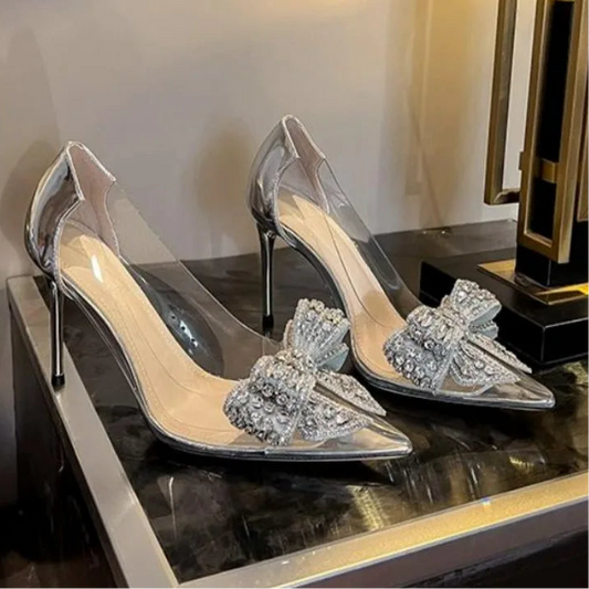 Pointed Crystal Rhinestone Butterfly-knot Transparent High Heel Pumps