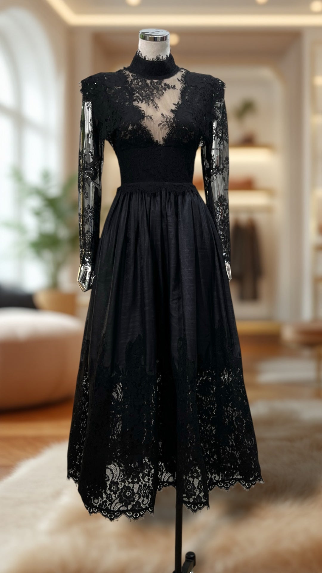 Elegant French Lace Plunge Semi-Sheer Long Sleeve Flared Midi Dress