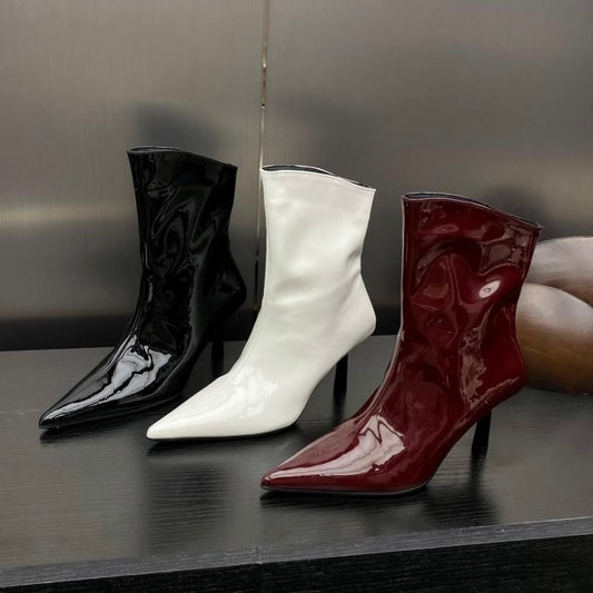 2024 AW Patent Leather Pointed Toe High Heel Mid Boots in 3 Trendy Colours