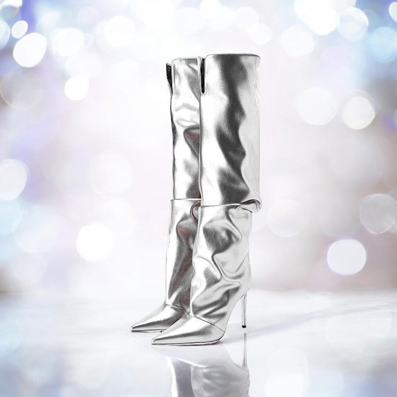 2024AW Metallic Pointed Stiletto High Heel Knee Boots (9cm Heels) in 3 Colours  (Customization)