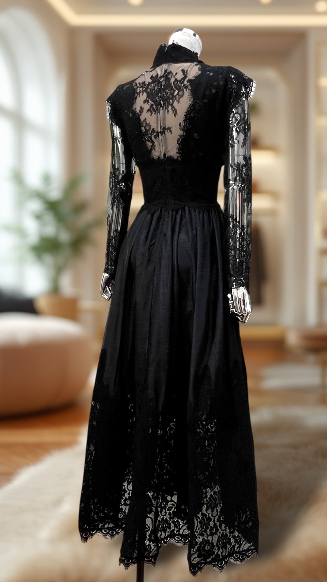 Elegant French Lace Plunge Semi-Sheer Long Sleeve Flared Midi Dress