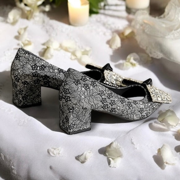 2025SS Metallic Brocade Pointed Toe Block Heels (5 cm) with Gems Decorative Bow in Black and Cream