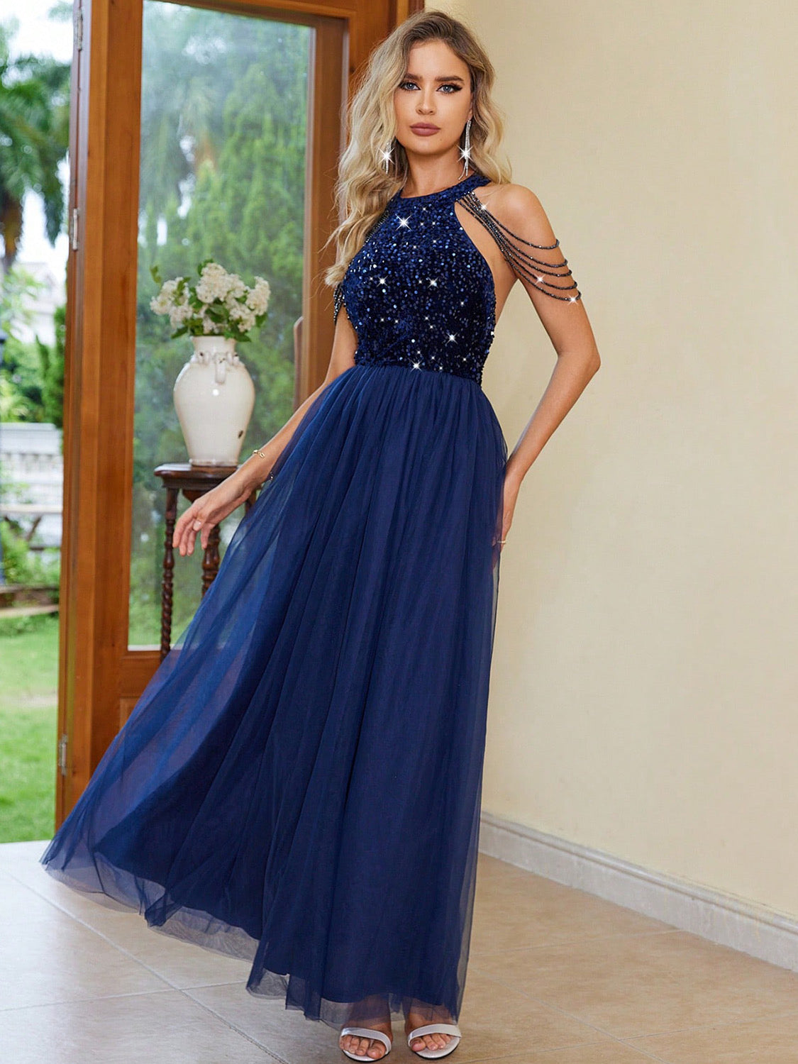 Backless Halter Neck Dress in Dark Blue