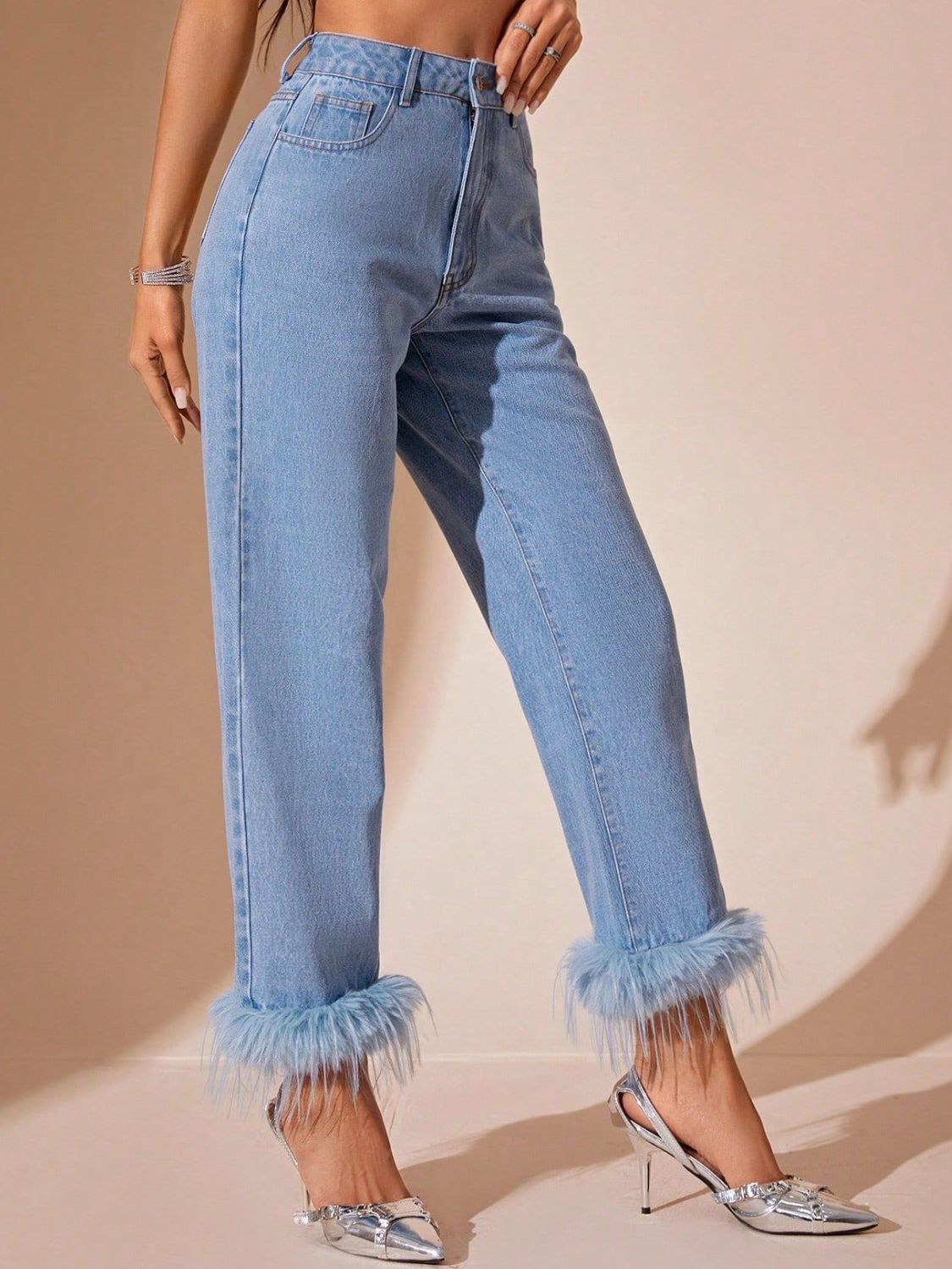 Plush Hem High Rise Straight Light Denim Jeans