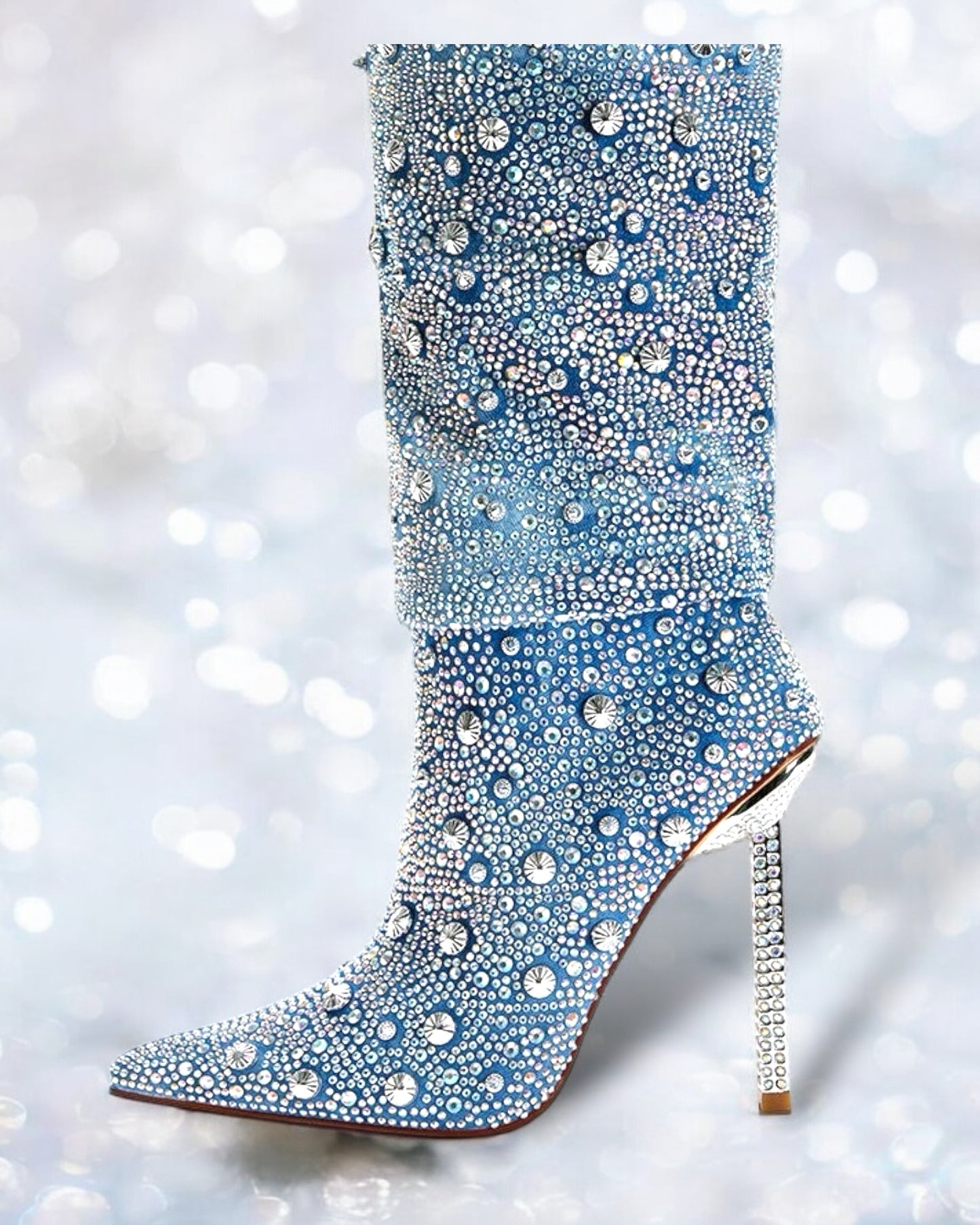 2024 AW Denim Pointed Toe Stiletto Women's Boots Rhinestone High Heels Boots