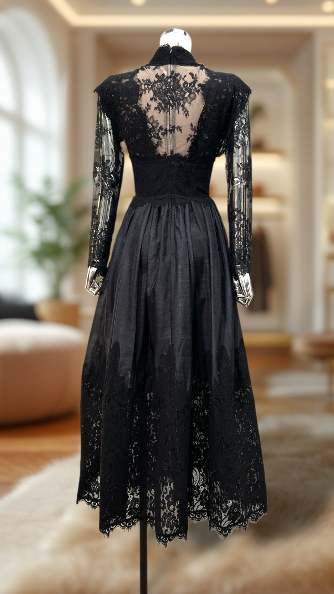 Elegant French Lace Plunge Semi-Sheer Long Sleeve Flared Midi Dress