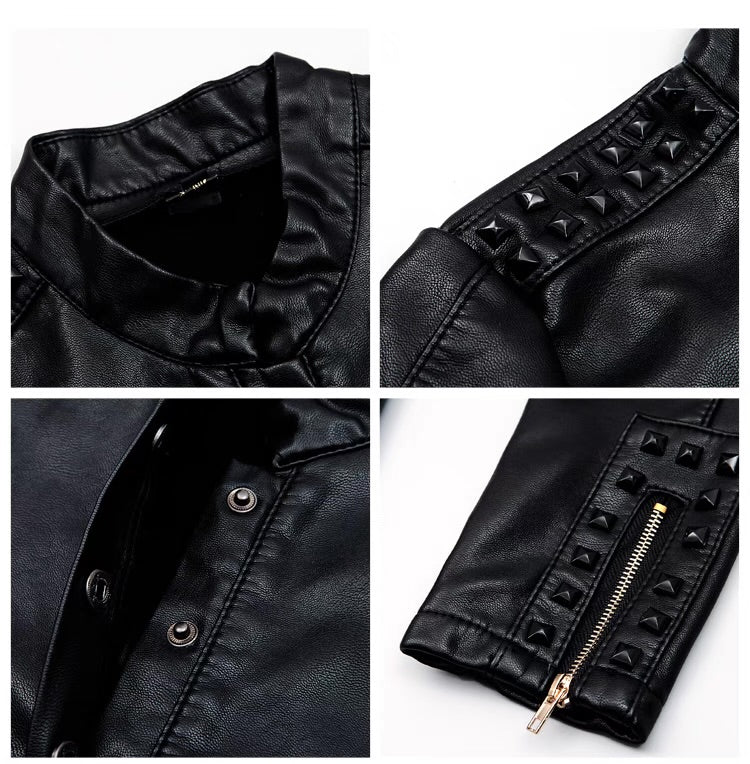 Fall/Winter PU Leather Studs Slim A-Line Mini Dress w/Fleece Inner Lining & Zipper Sleeve Closure (S - 3 XL)