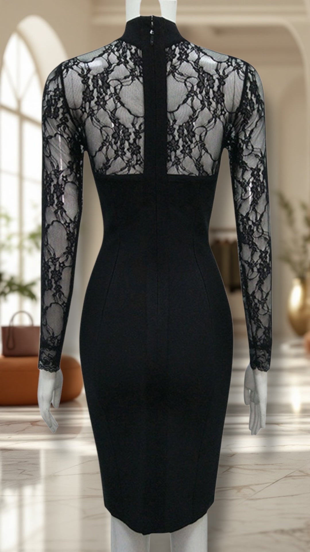 Temperament Lace Long Sleeve Halter Neckline Stretchy Bodycon Knee Length Dress in 3 Colours