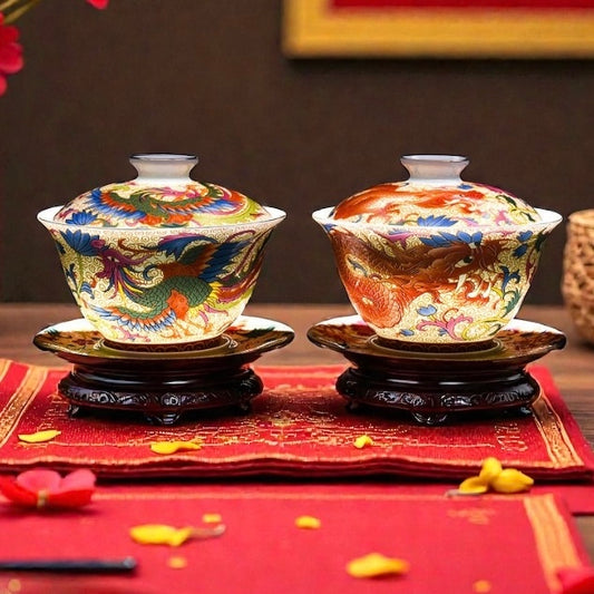 Proceline Enamel Cover Bowl Tea Cup w/ Lid and Saucer Sets; Dragon / Phoenix / Wanhua