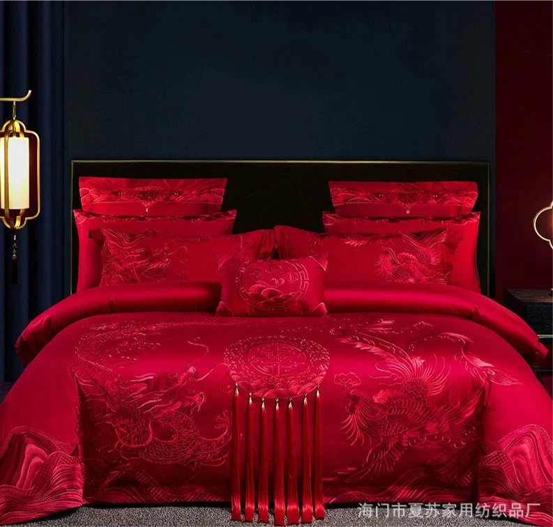 Pure Cotton Chinese Wedding Bedding Set in Red; 8/9/10 Piece Dragon Phoenix Floral Embroidery Tassels Duvet Cover Bed Sheet Pillowcases