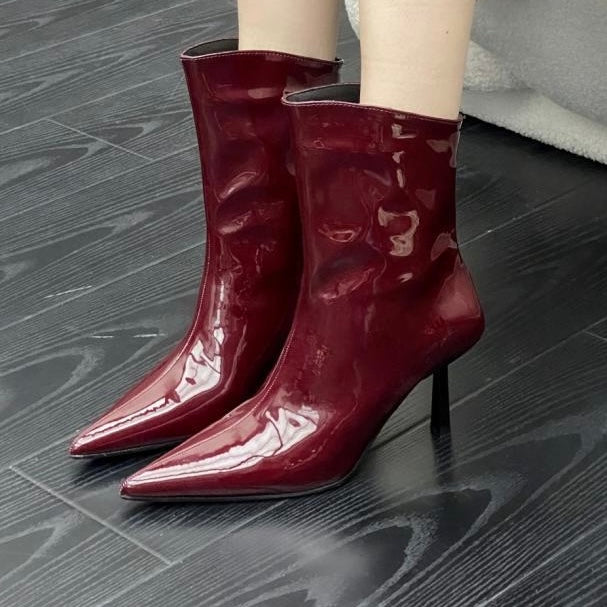 2024 AW Patent Leather Pointed Toe High Heel Mid Boots in 3 Trendy Colours