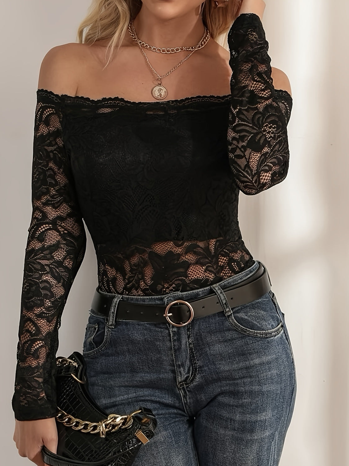 Off-Shoulder Long Sleeve Slim-Fit Lace Top in 3 Colours