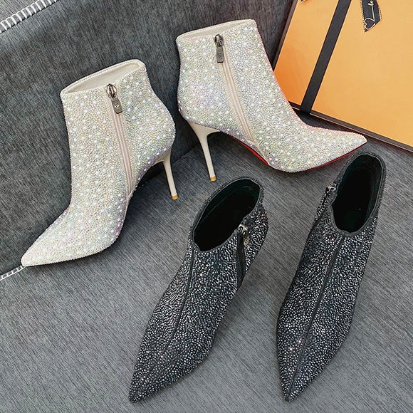 2024 AW Sparkling Fabric Pointed Toe Medium High Heel Boots (8cm) with Lining in 2 Colours