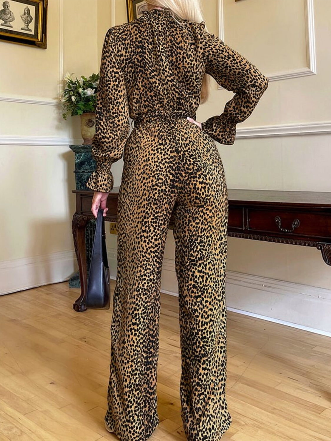 Elegant Leopard Flare Sleeve Jumpsuit