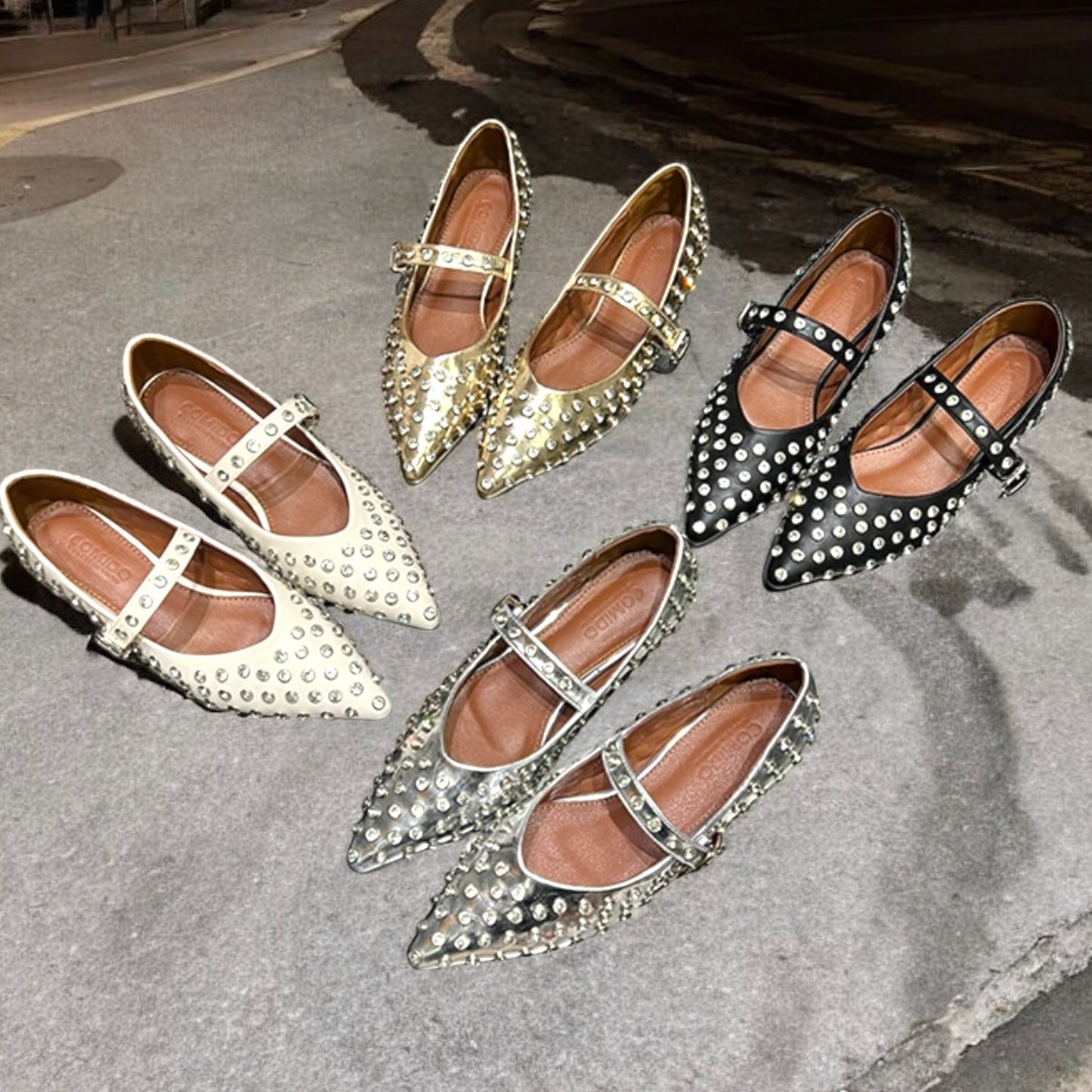 2025SS Rhinestone Studs Pointed Toe Flat Shoes with Adjustable Strap in Gold Sliver / Black / Cream