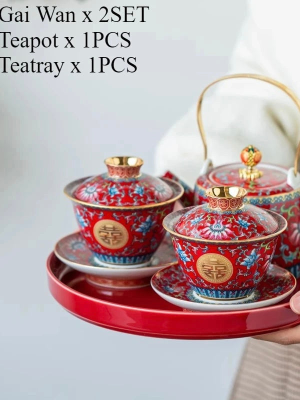 طقم شاي صيني مطلي بالمينا، مطلي بالذهب، بنمط كلاسيكي، يحمل رمز السعادة المزدوجة، مناسب لحفلات الزفاف؛ يتضمن: وعاءين للشاي مع غطاء، إبريق شاي، وصينية.