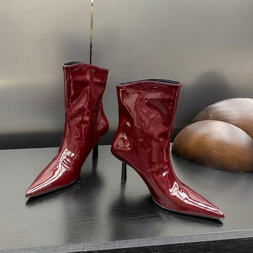 2024 AW Patent Leather Pointed Toe High Heel Mid Boots in 3 Trendy Colours