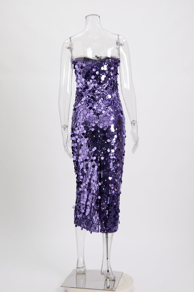 Robe fourreau mi-longue bustier à sequins en violet/noir