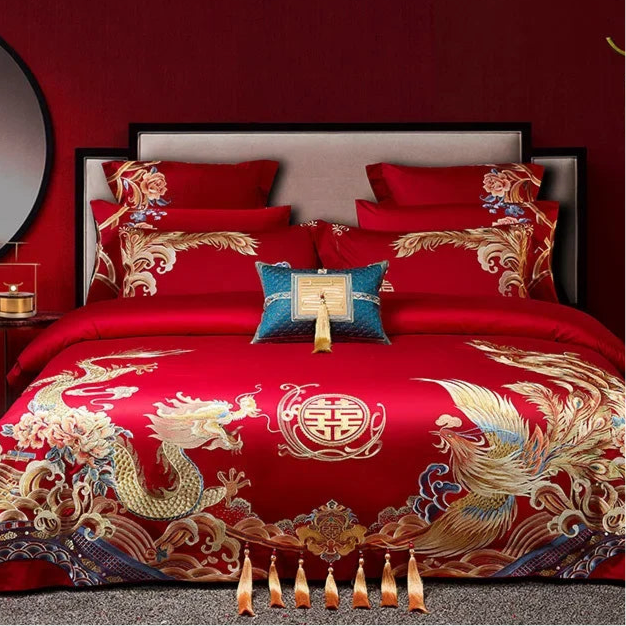Pure Cotton Chinese Wedding Bedding Set in Red; 8/9/10 Piece Dragon Phoenix Floral Embroidery Tassels Duvet Cover Bed Sheet Pillowcases