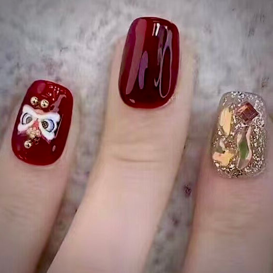 2025 Lunar New Year 3D & Glitter Cerise Glue-On Fake Nail Set  ($100 for 5 Sets)