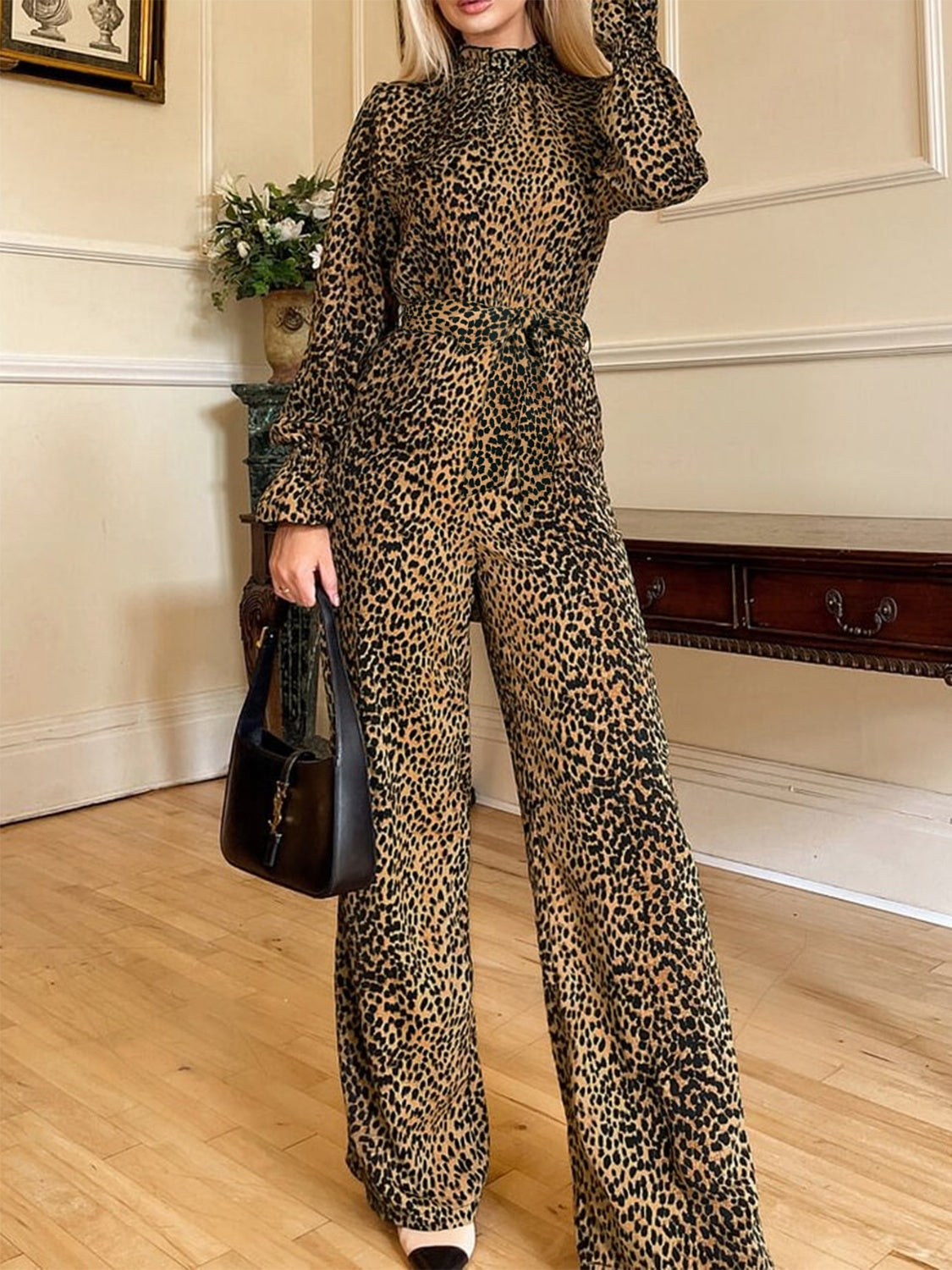 Elegant Leopard Flare Sleeve Jumpsuit