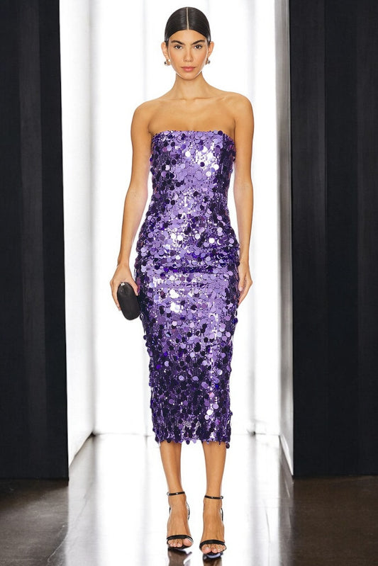 Sequin Strapless Tube Midi Pencil Dress in Purple / Black