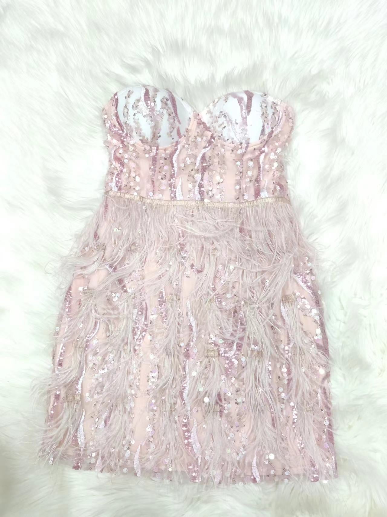 CHOIX CHAUD | Mini-robe moulante sans bretelles à franges en sequins et plumes 2025SS