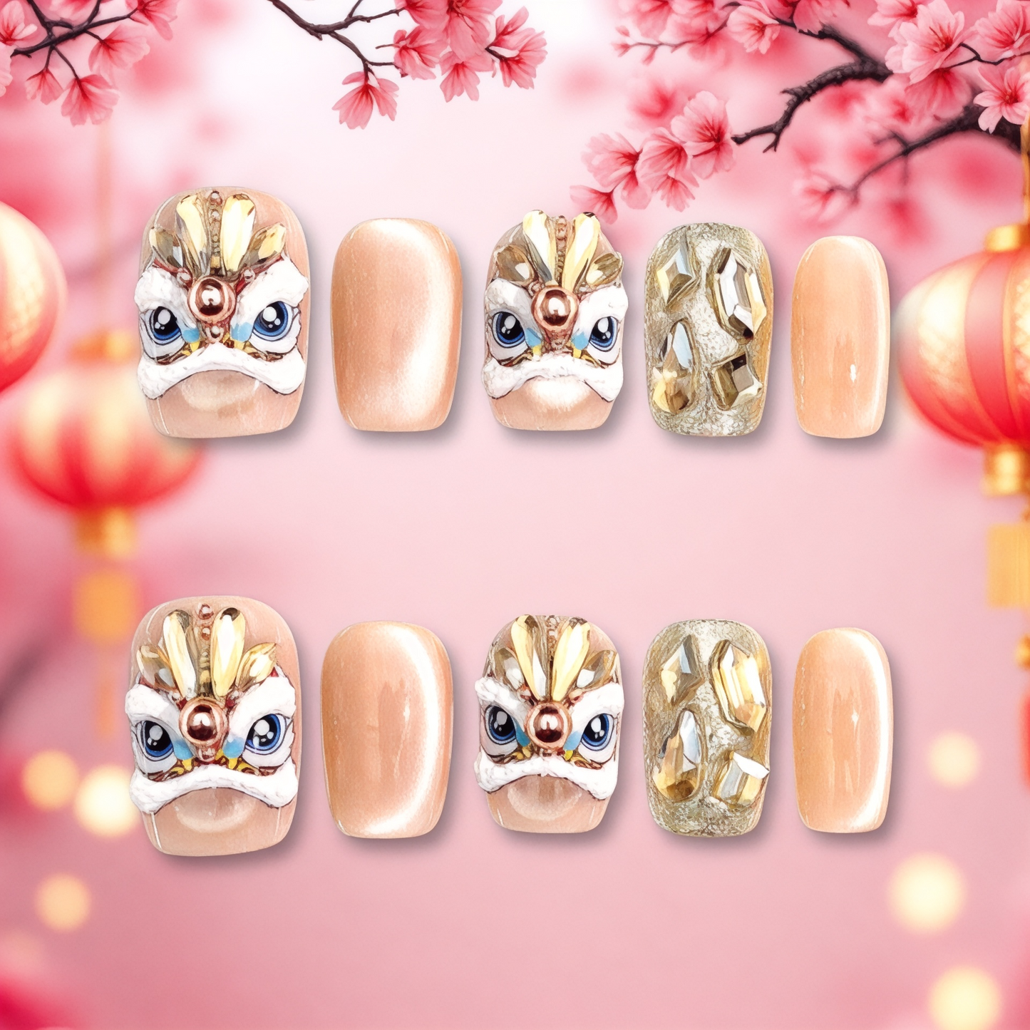 2025 Lunar New Year 3D Lion Pink & Champagne Colour Glue-On Fake Nail Set ($100 for 5 Sets)