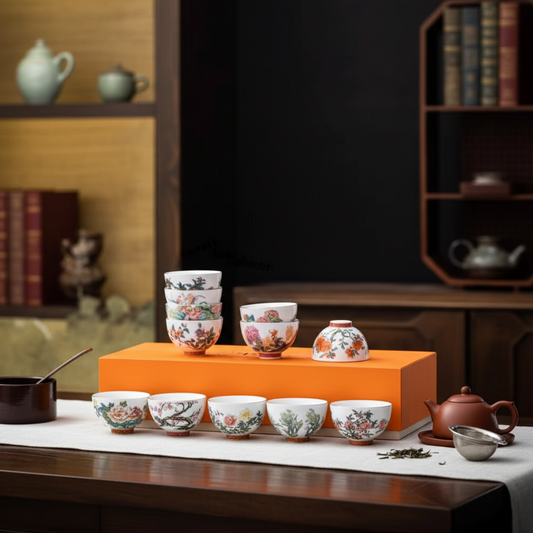 80ml Kung Fu Tea Cup Set Vintage Enamel Pastel 12-Piece with Gift Box