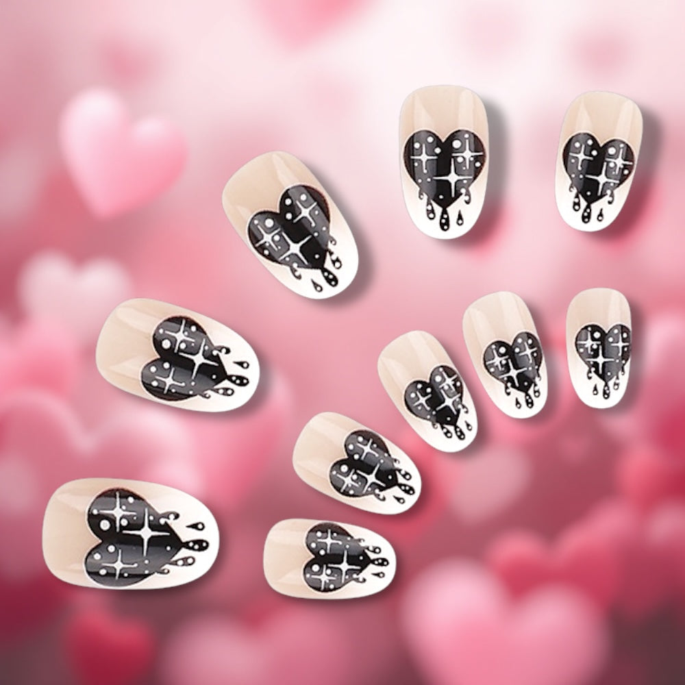 2025 Valentines Day Oval Black Sparkling Heart Motif 24 Reusable Glue-On Nail Set with Glue and Rubbed Strips