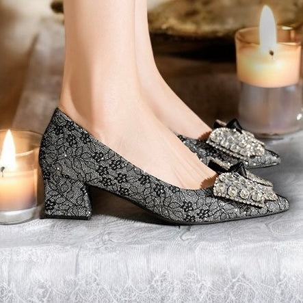 2025SS Metallic Brocade Pointed Toe Block Heels (5 cm) with Gems Decorative Bow in Black and Cream