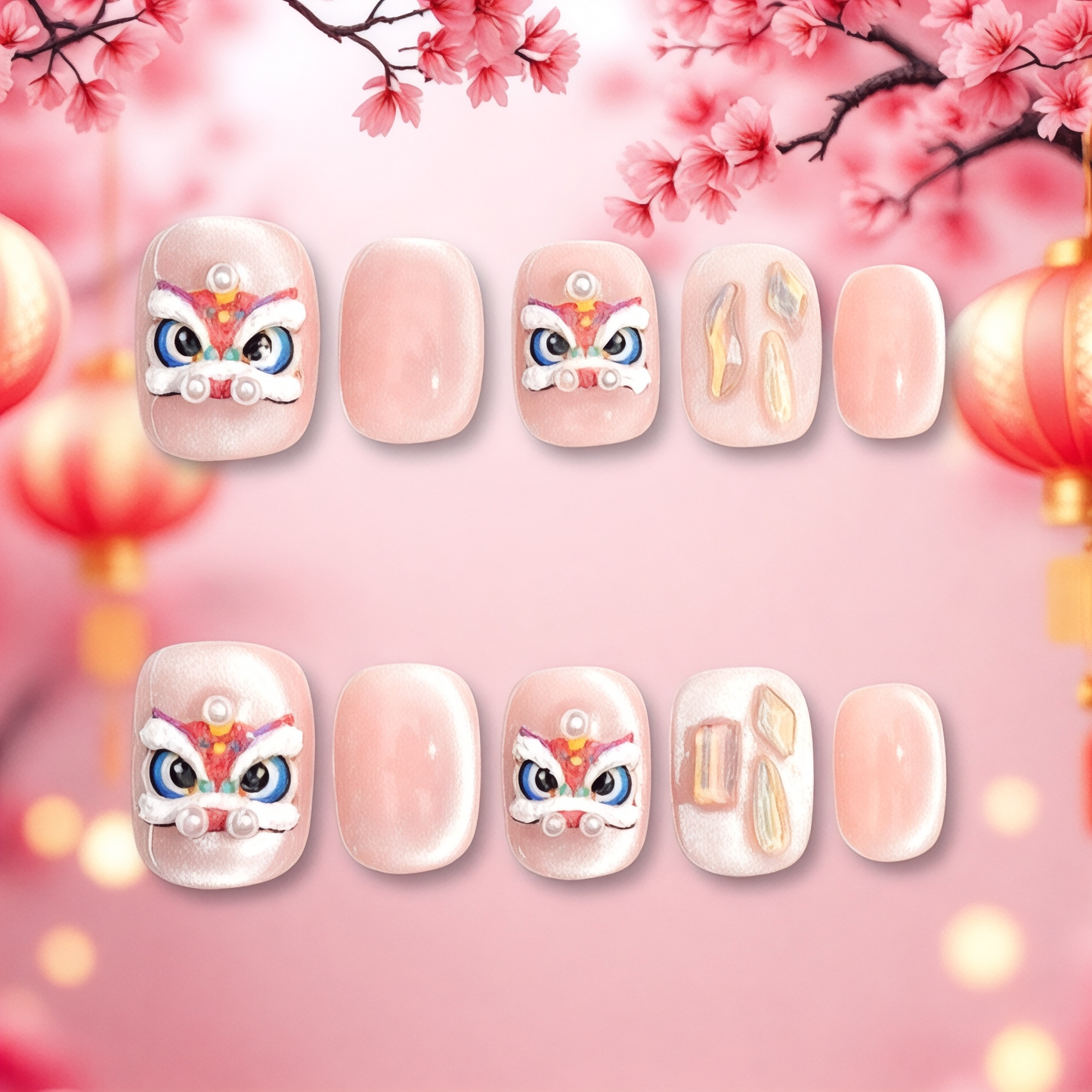 2025 Lunar New Year 3D Lion Pink & Champagne Colour Glue-On Fake Nail Set ($100 for 5 Sets)