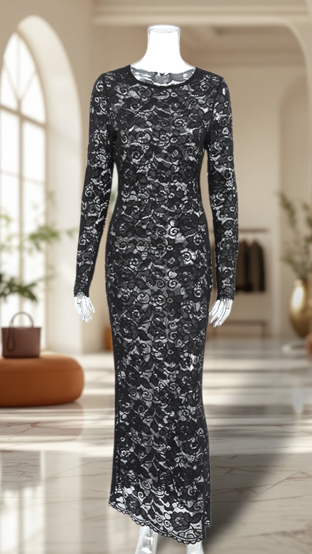 2024 Round Neck Sheer Lace Slim Fit Trumpet Midi Dress