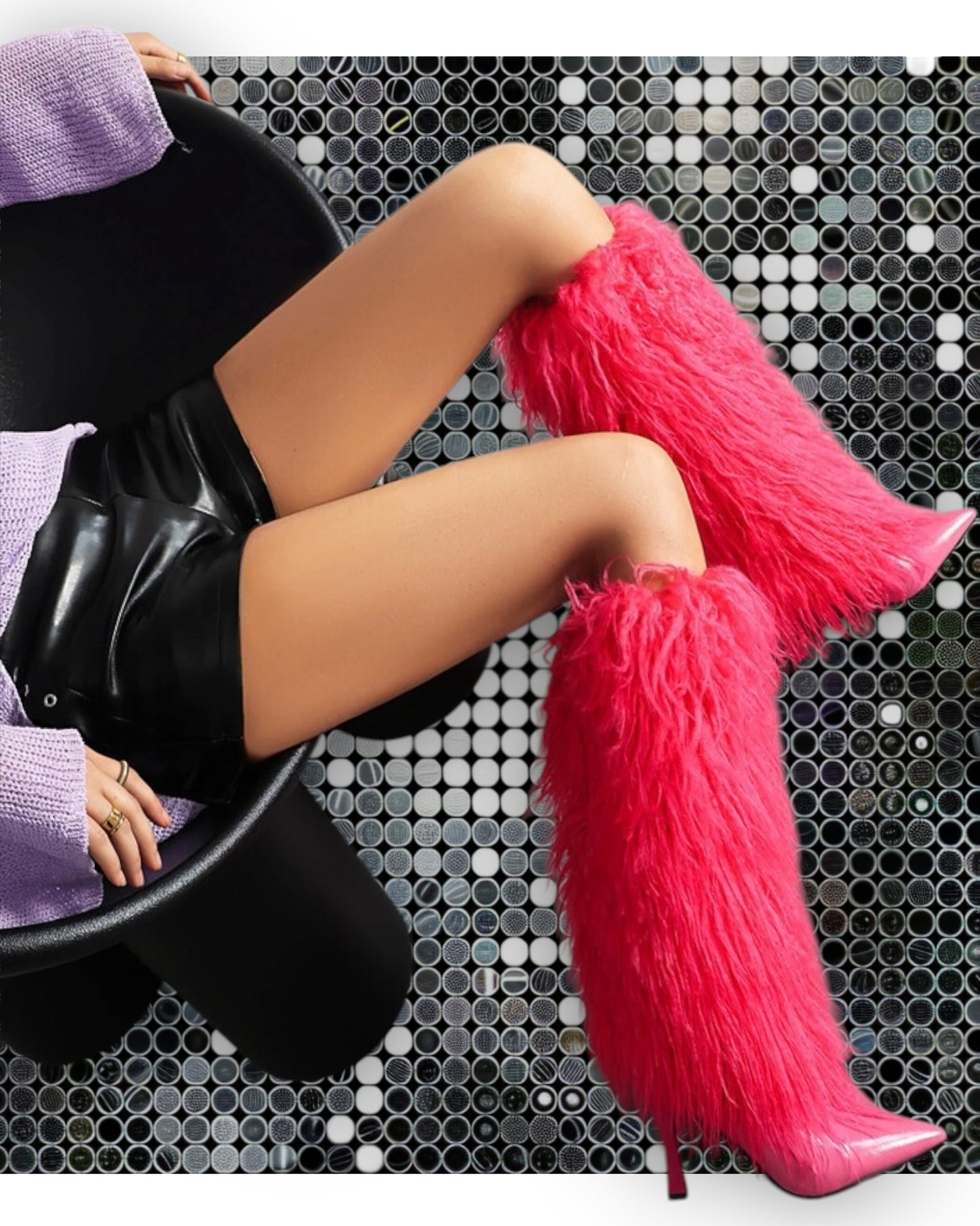 2024AW Pointed Knee-high High Heel Boots with Faux Fur Around in Hot Pink / Black (Customization)